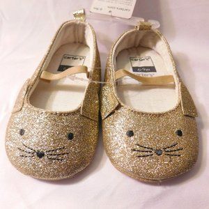 Carters Baby Girls Crib Shoes Gold Glitter Cat Design Size 6-9 Months NEW
